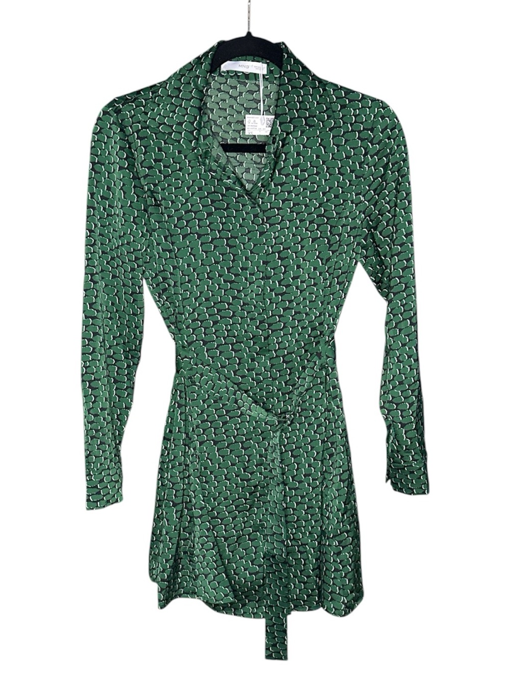 MANGO NWT Green Patterned Long-Sleeve Belted Dress size XS - Picture 2 of 7